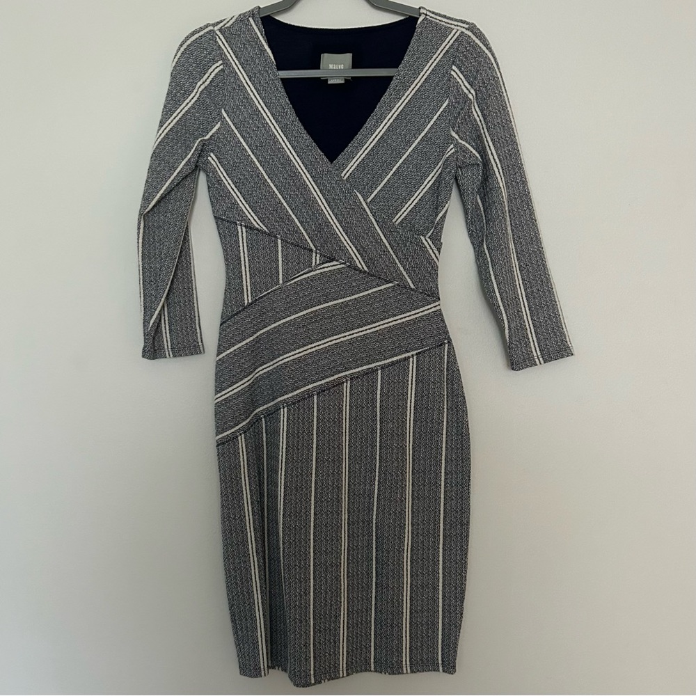 Maeve Amelia Dress Grayish Navy White Fitted Stripped Dress, Faux, XS